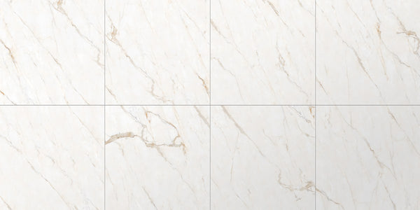 Forty8 Calacatta Oro Polished Marble Look Porcelain Tiles 48x48, several pieces laid together