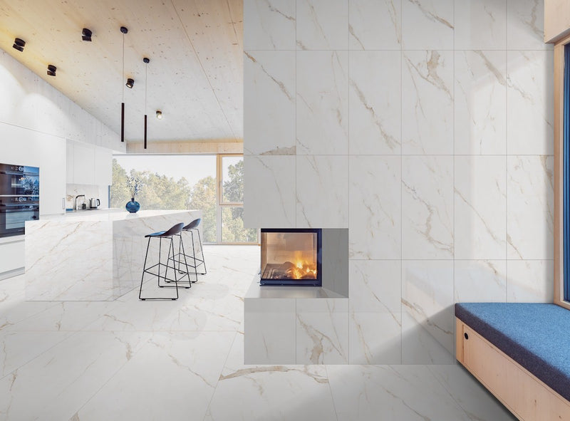 Forty8 Calacatta Oro Polished Marble Look Porcelain Tiles 48x48 installed in a kitchen