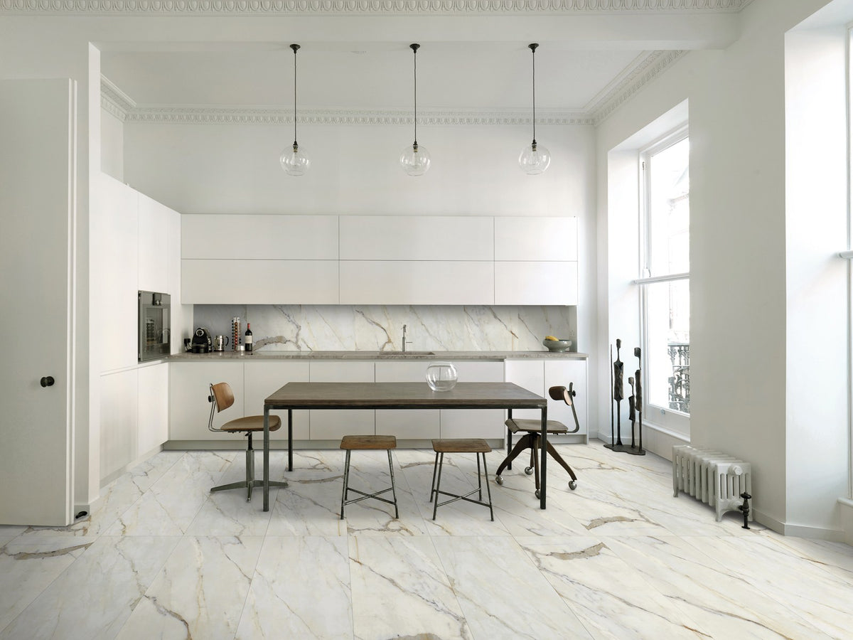 Forty8 Calacatta Oro Polished Marble Look Porcelain Tiles 48x48 installed in a kitchen, view 2