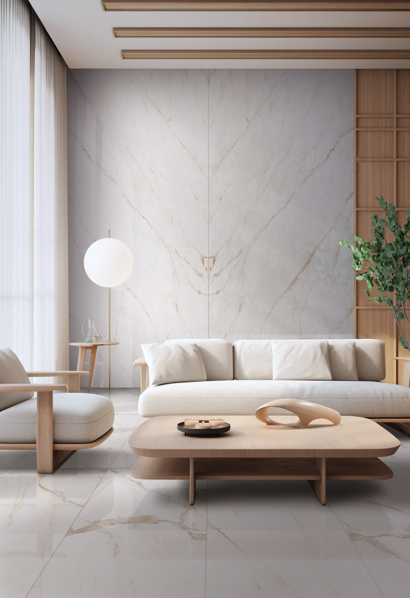 Forty8 Calacatta Oro Polished Marble Look Porcelain Tiles 48x48 installed in a living room