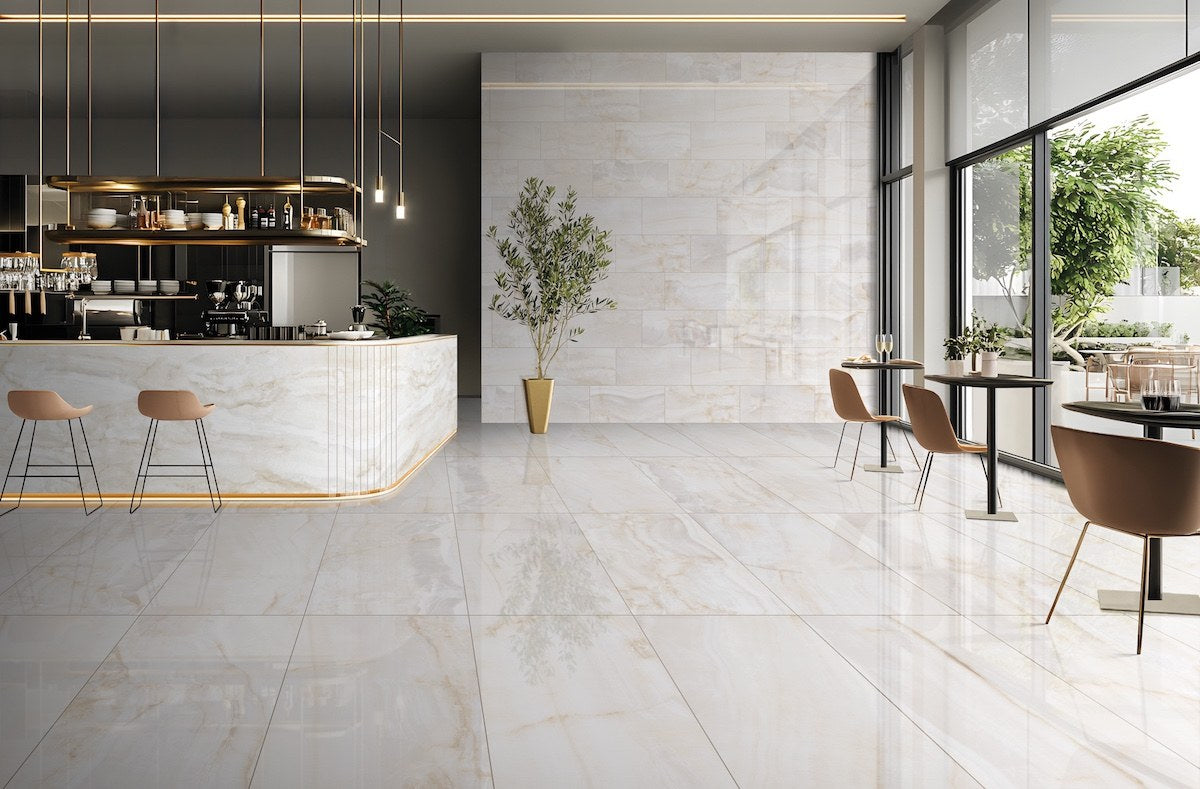 Forty8 Crystal Onyx Honed Marble Look Porcelain Tiles 48x48 installed in a cafe