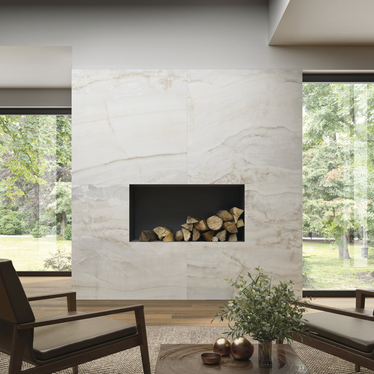 Forty8 Crystal Onyx Honed Marble Look Porcelain Tiles 48x48 installed in a room