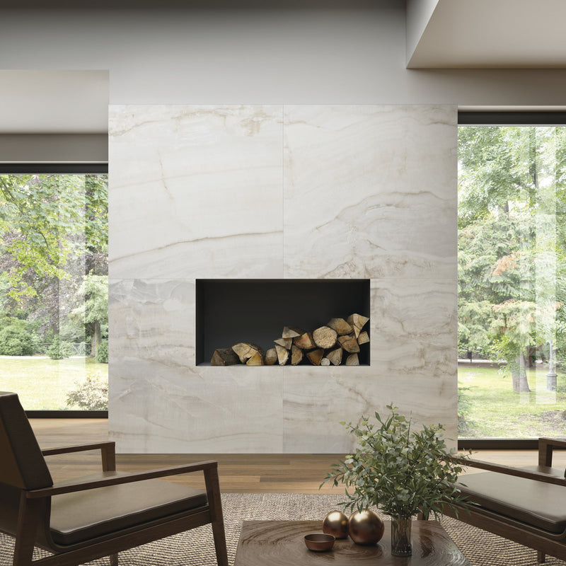 Forty8 Crystal Onyx Honed Marble Look Porcelain Tiles 48x48 installed in a room