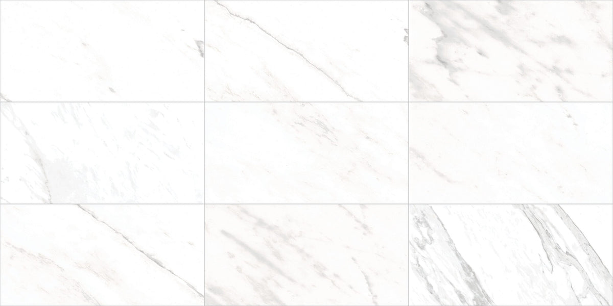 Forty8 Luxe White Honed Marble Look Porcelain Tiles 24x48, several pieces laid together, view 2