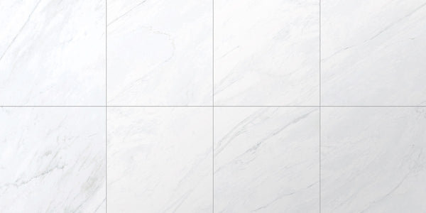 Forty8 Luxe White Honed Marble Look Porcelain Tiles 48x48, several pieces laid together