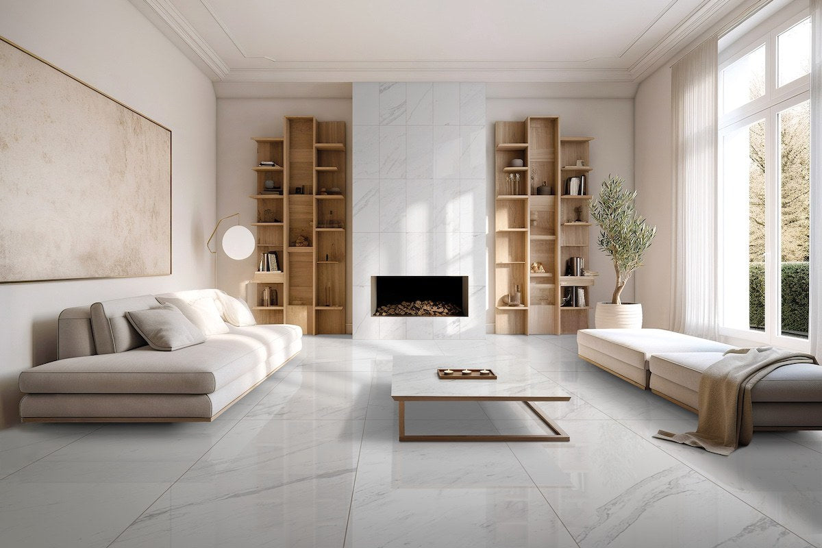 Forty8 Luxe White Polished Marble Look Porcelain Tiles 24x48 installed in a living room