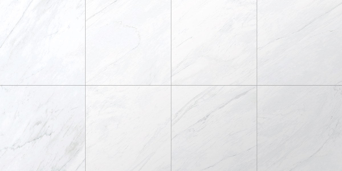 Forty8 Luxe White Polished Marble Look Porcelain Tiles 48x48, several pieces laid together