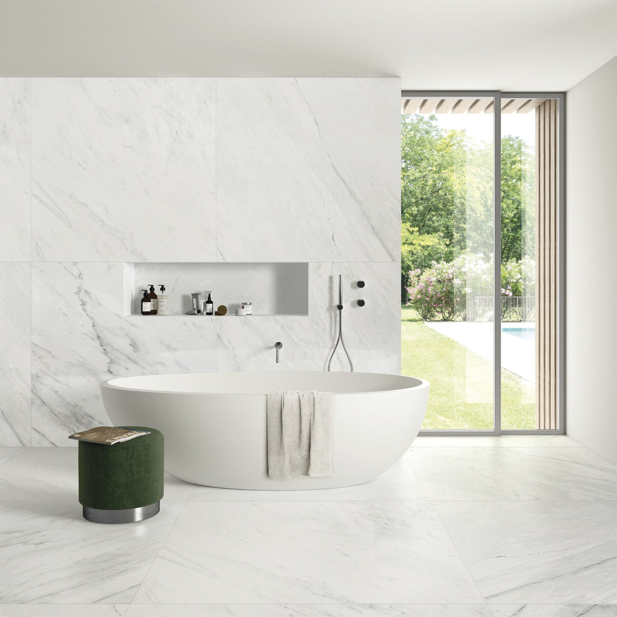 Forty8 Luxe White Polished Marble Look Porcelain Tiles 48x48 installed in a bathroom