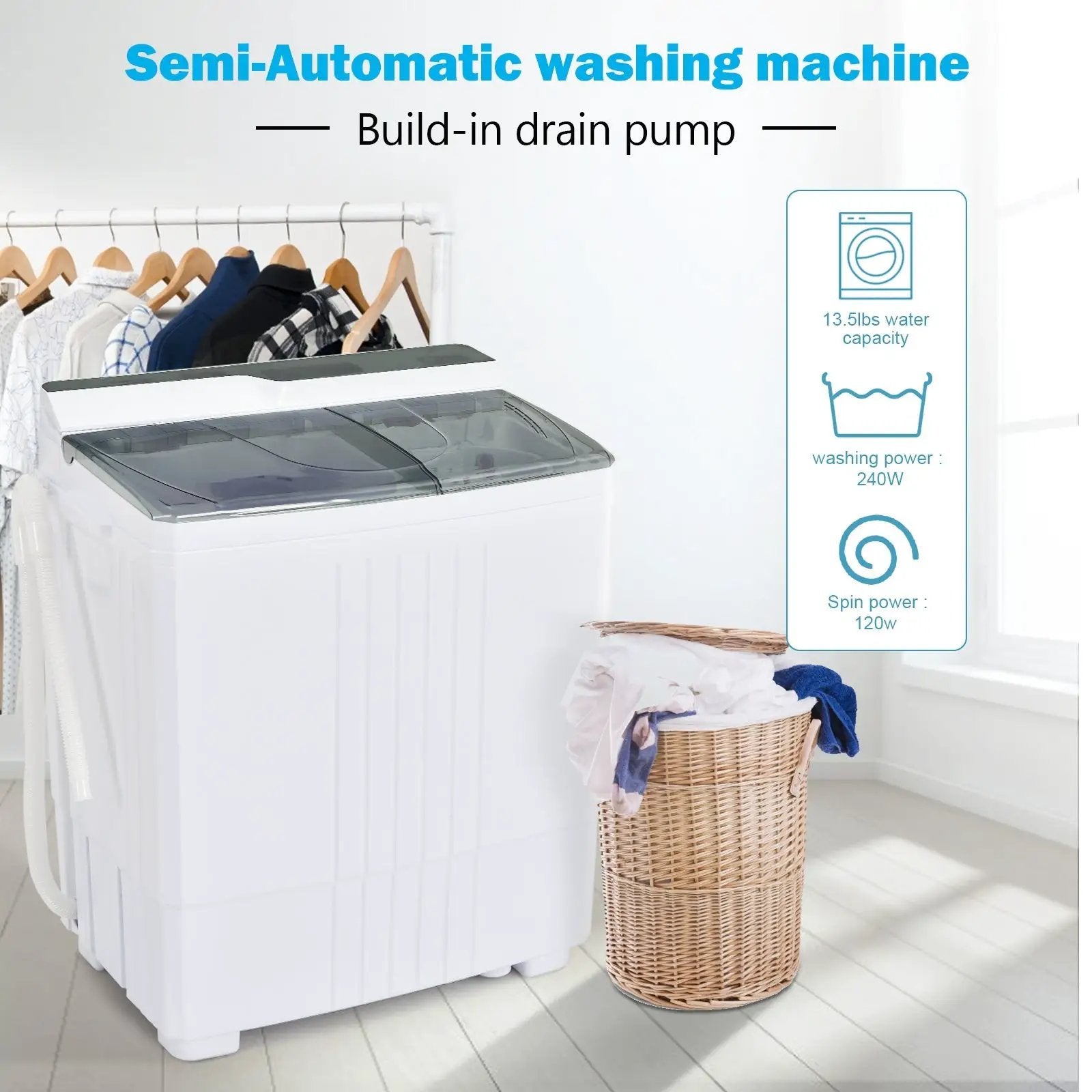 Twin Tub Portable Washing Machine with Timer Control and Drain Pump for Apartment-Gray by DirectDeals