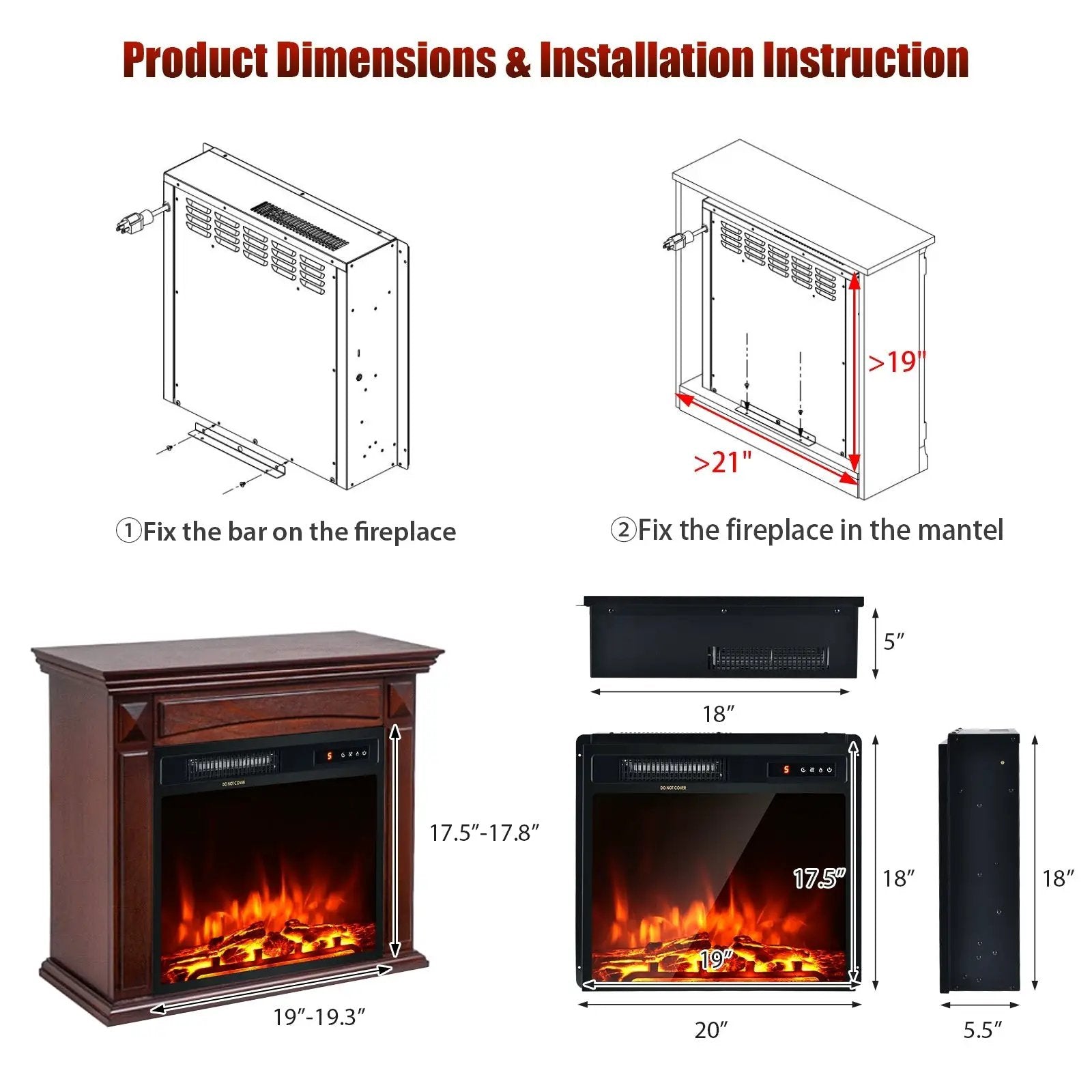 18 Inch 1500W Electric Fireplace Freestanding and Recessed Heater by DirectDeals