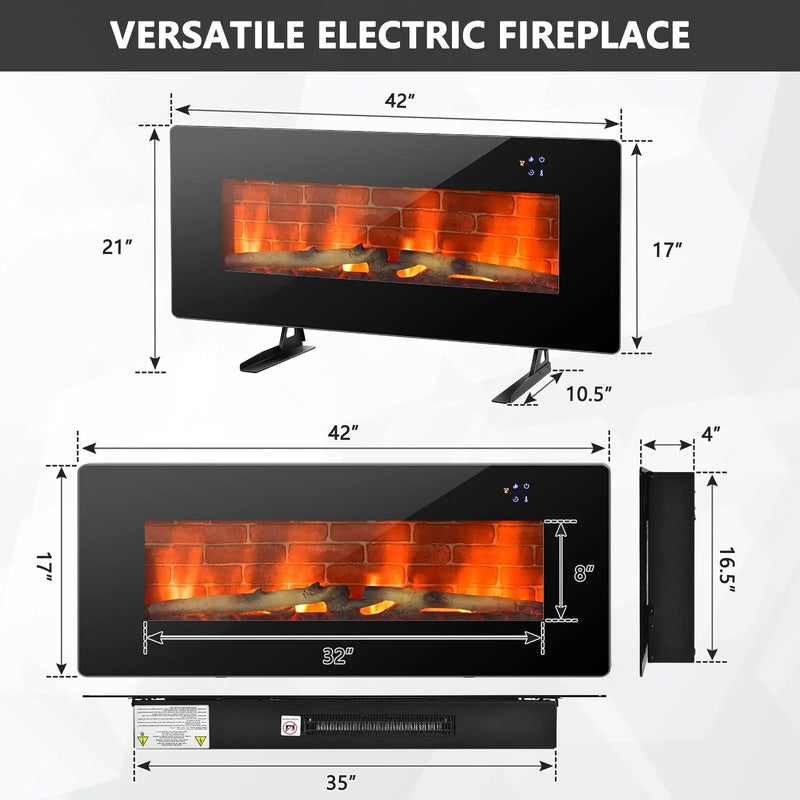 42 Inch Electric Wall Mounted Freestanding Fireplace with Remote Control-Black by DirectDeals