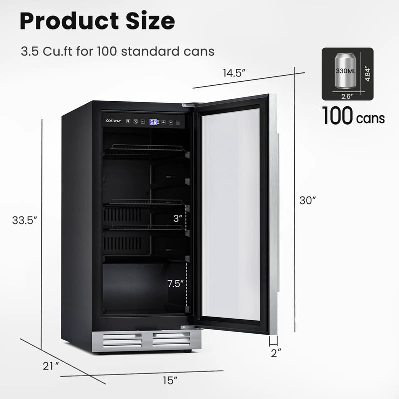 15 Inch 100 Can Built-in Freestanding Beverage Cooler Refrigerator with Adjustable Temperature and Shelf-Silver by DirectDeals