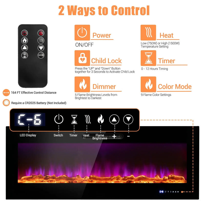 50/60 Inch Wall Mounted Recessed Electric Fireplace with Decorative Crystal and Log by DirectDeals