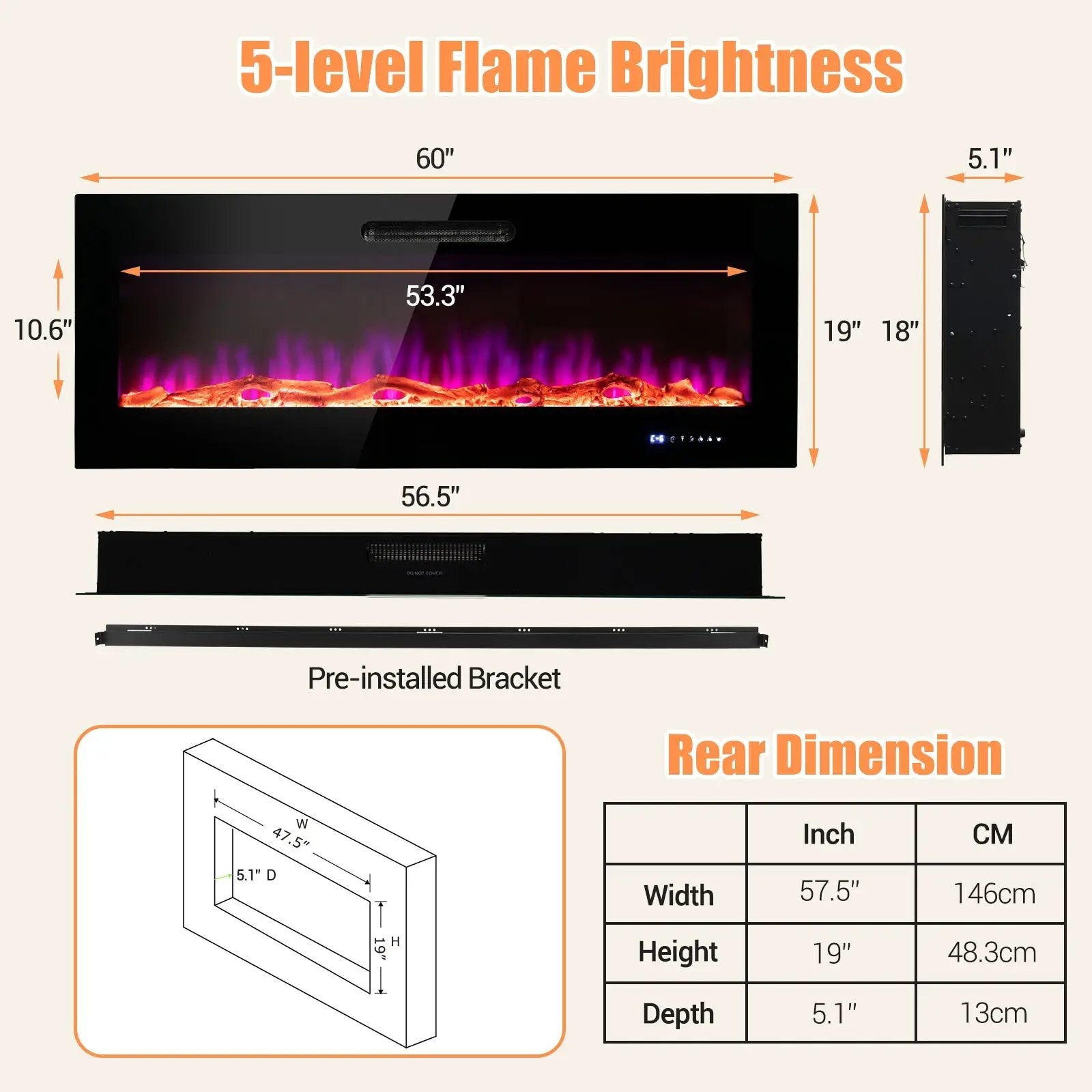 50/60 Inch Wall Mounted Recessed Electric Fireplace with Decorative Crystal and Log by DirectDeals