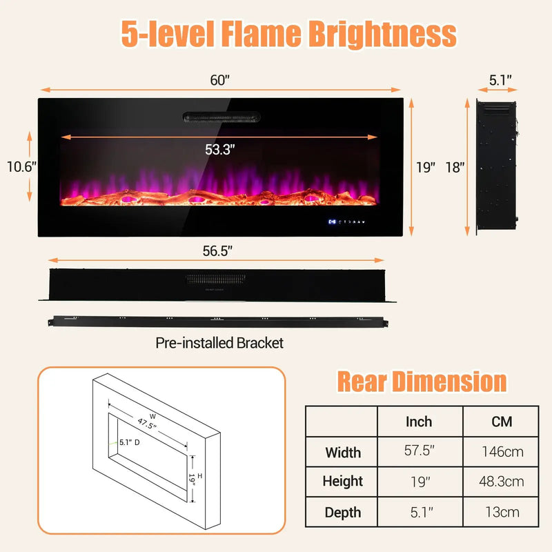 50/60 Inch Wall Mounted Recessed Electric Fireplace with Decorative Crystal and Log by DirectDeals