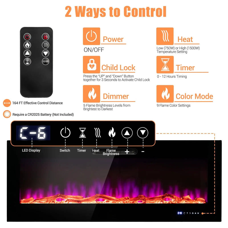 50/60 Inch Wall Mounted Recessed Electric Fireplace with Decorative Crystal and Log by DirectDeals