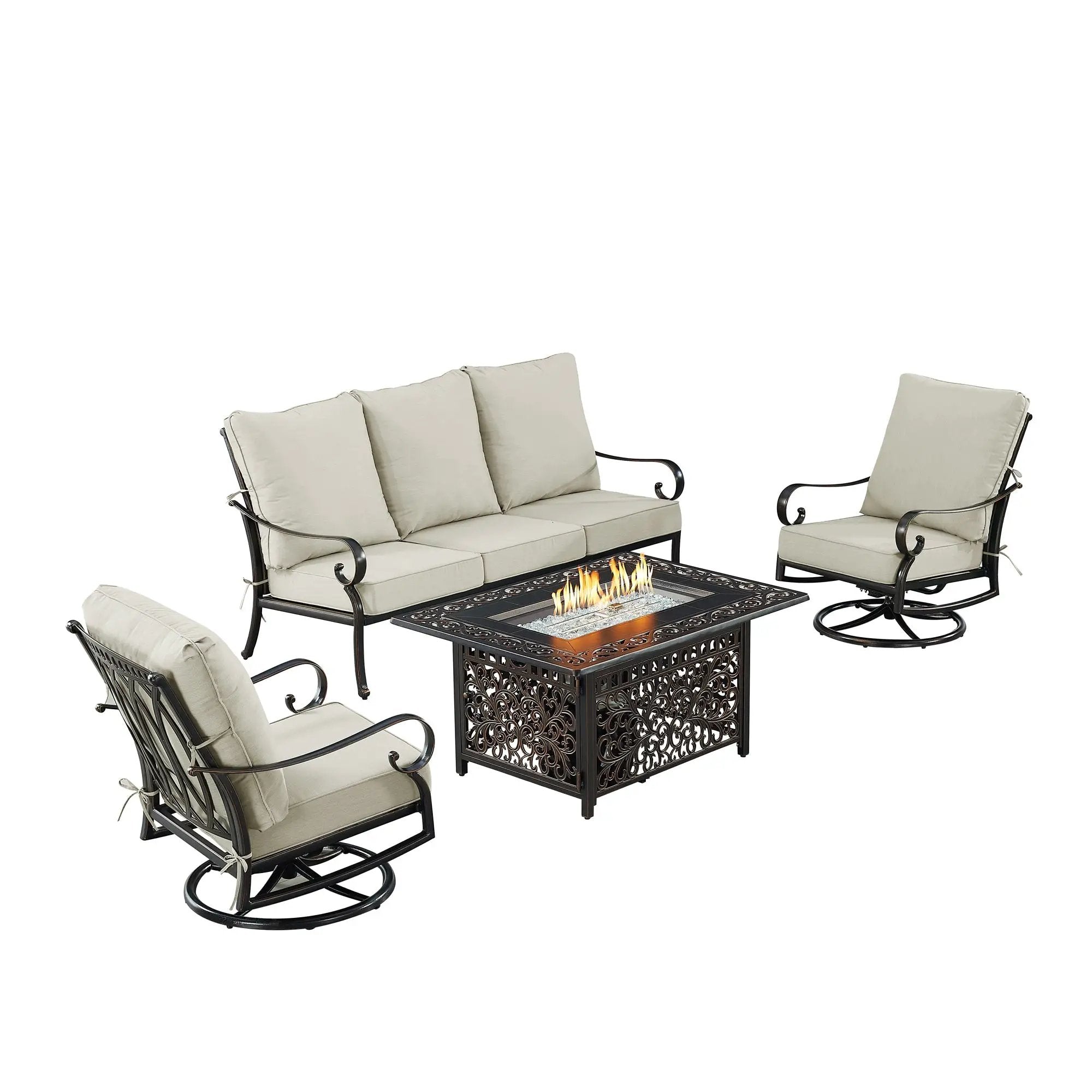 Black Aluminum Fire Table Set with Sofa and Two Club Chairs by Sharicks