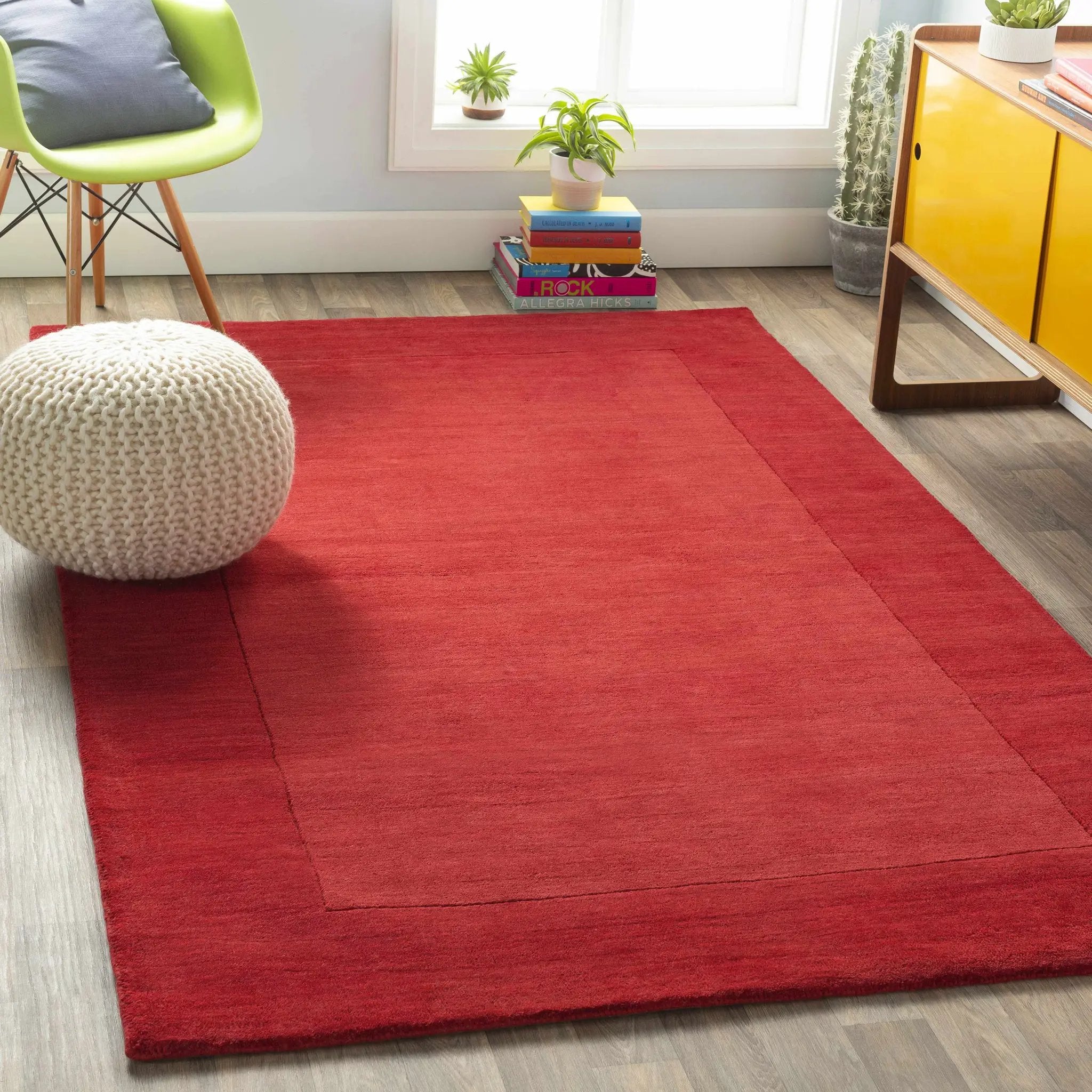 Bordered Solid Red Wool Rug by Boutique Rugs