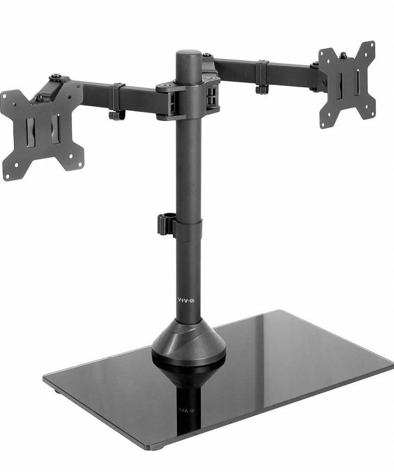 Freestanding Dual Monitor Stand with Sleek Glass Base and Adjustable ArmsHeave Duty , Mounts 2 Screens by Outdoor Solar Outlet