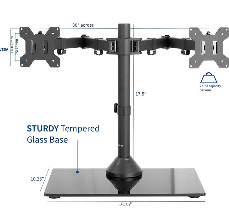 Freestanding Dual Monitor Stand with Sleek Glass Base and Adjustable ArmsHeave Duty , Mounts 2 Screens by Outdoor Solar Outlet