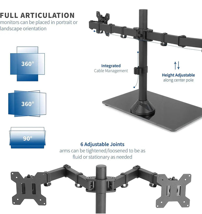 Freestanding Dual Monitor Stand with Sleek Glass Base and Adjustable ArmsHeave Duty , Mounts 2 Screens by Outdoor Solar Outlet
