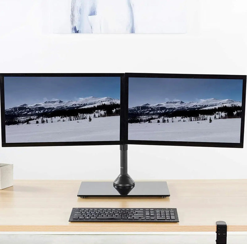 Freestanding Dual Monitor Stand with Sleek Glass Base and Adjustable ArmsHeave Duty , Mounts 2 Screens by Outdoor Solar Outlet