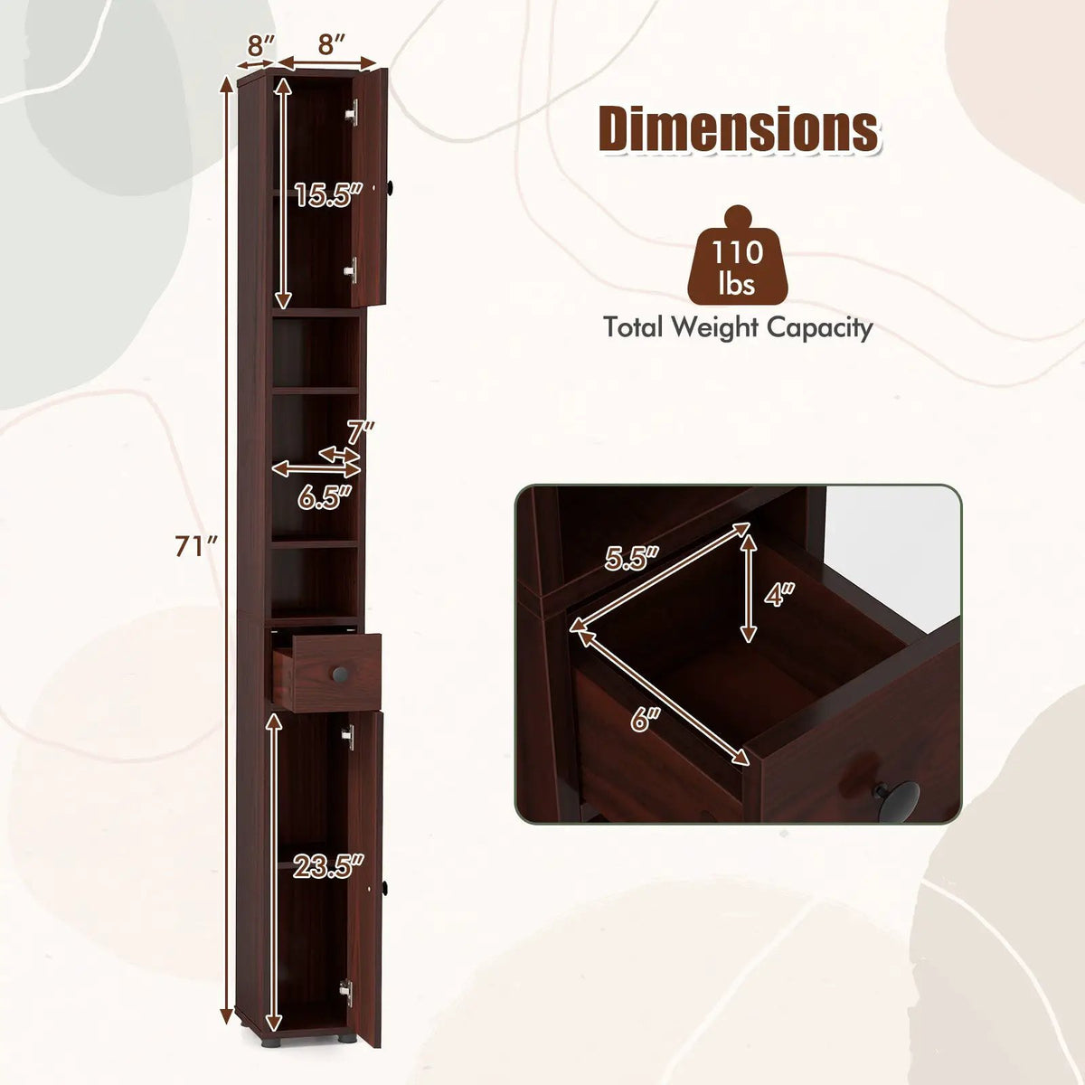 Freestanding Slim Bathroom Cabinet with Drawer and Adjustable Shelves by DirectDeals