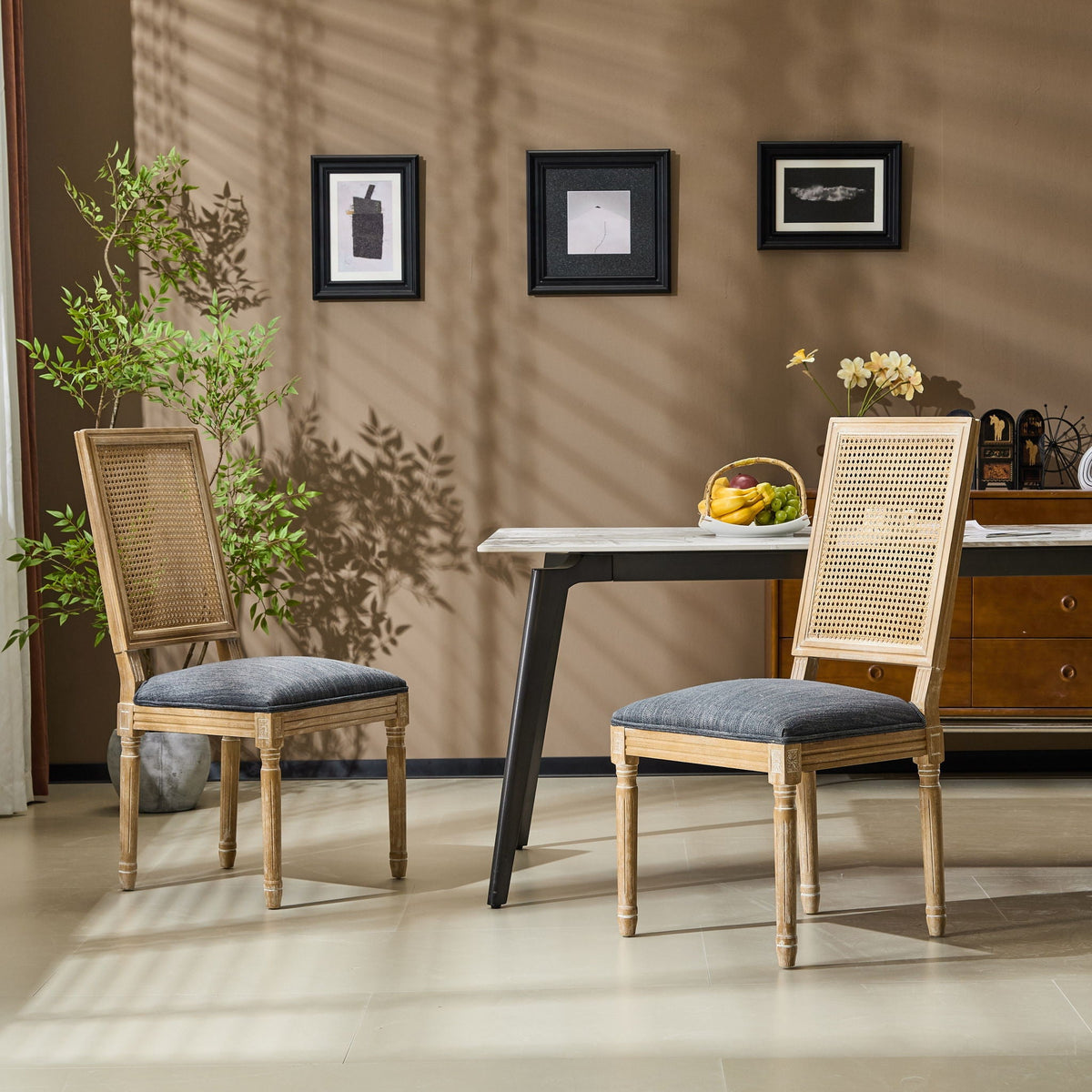 French Country Dining Chair with Rectangular Cane Backrest and Upholstered Seat, photo 23 of 40