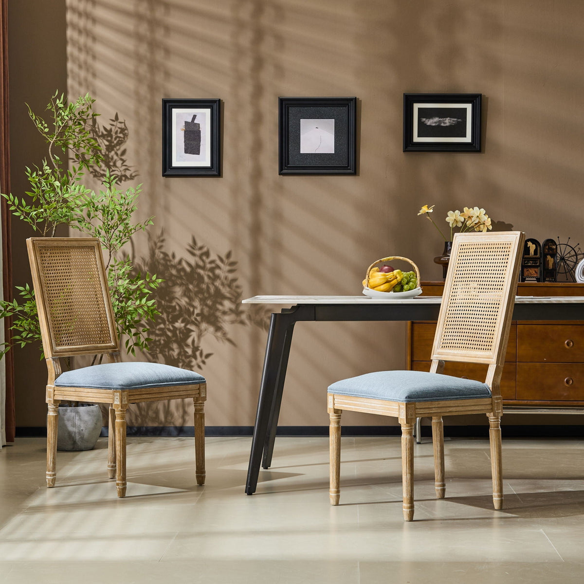 French Country Dining Chair with Rectangular Cane Backrest and Upholstered Seat, photo 28 of 40