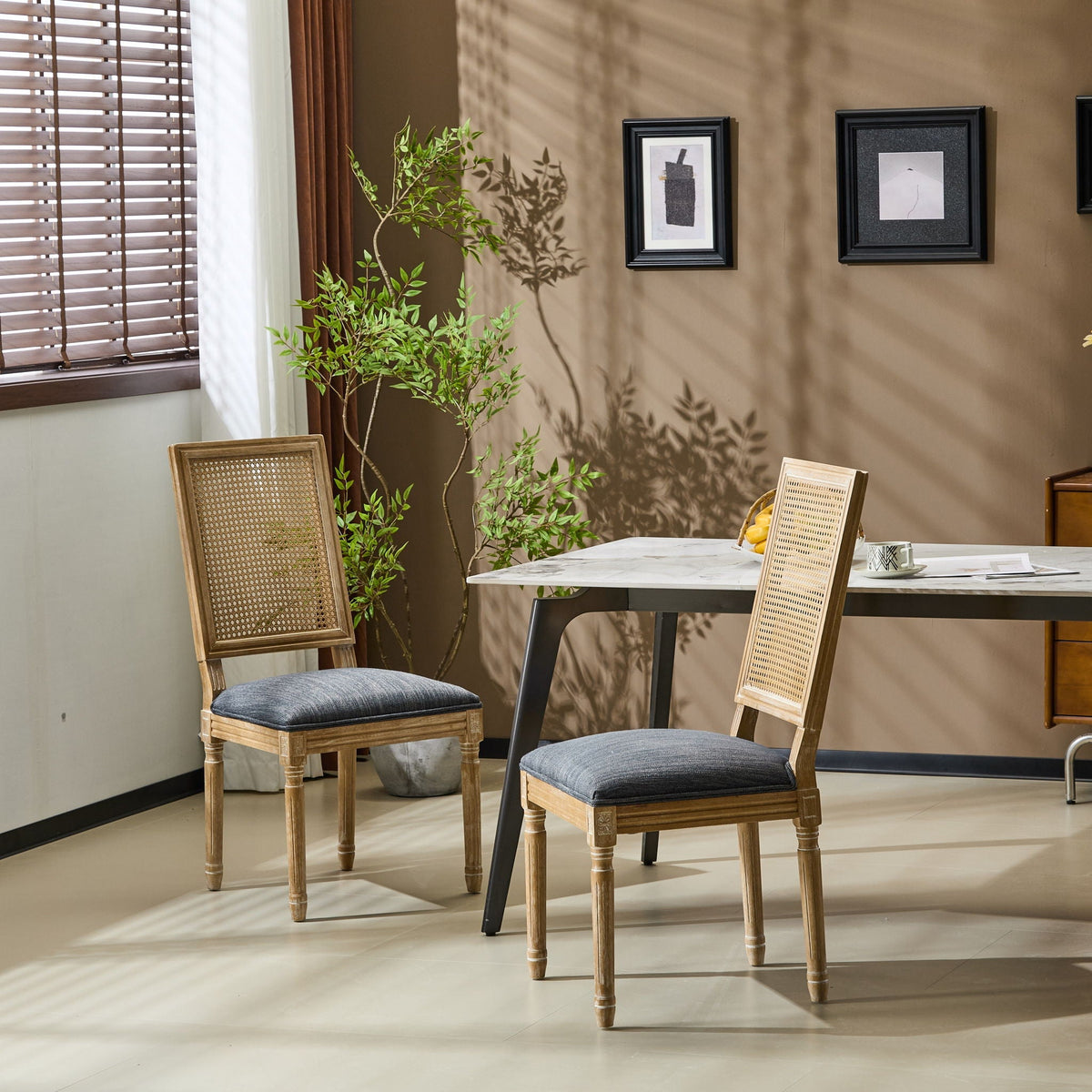 French Country Dining Chair with Rectangular Cane Backrest and Upholstered Seat, photo 34 of 40