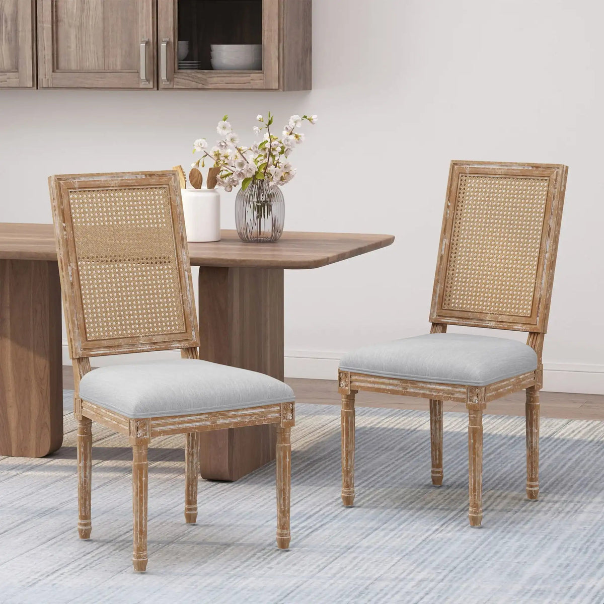 French Country Dining Chair with Rectangular Cane Backrest and Upholstered Seat, photo 36 of 40