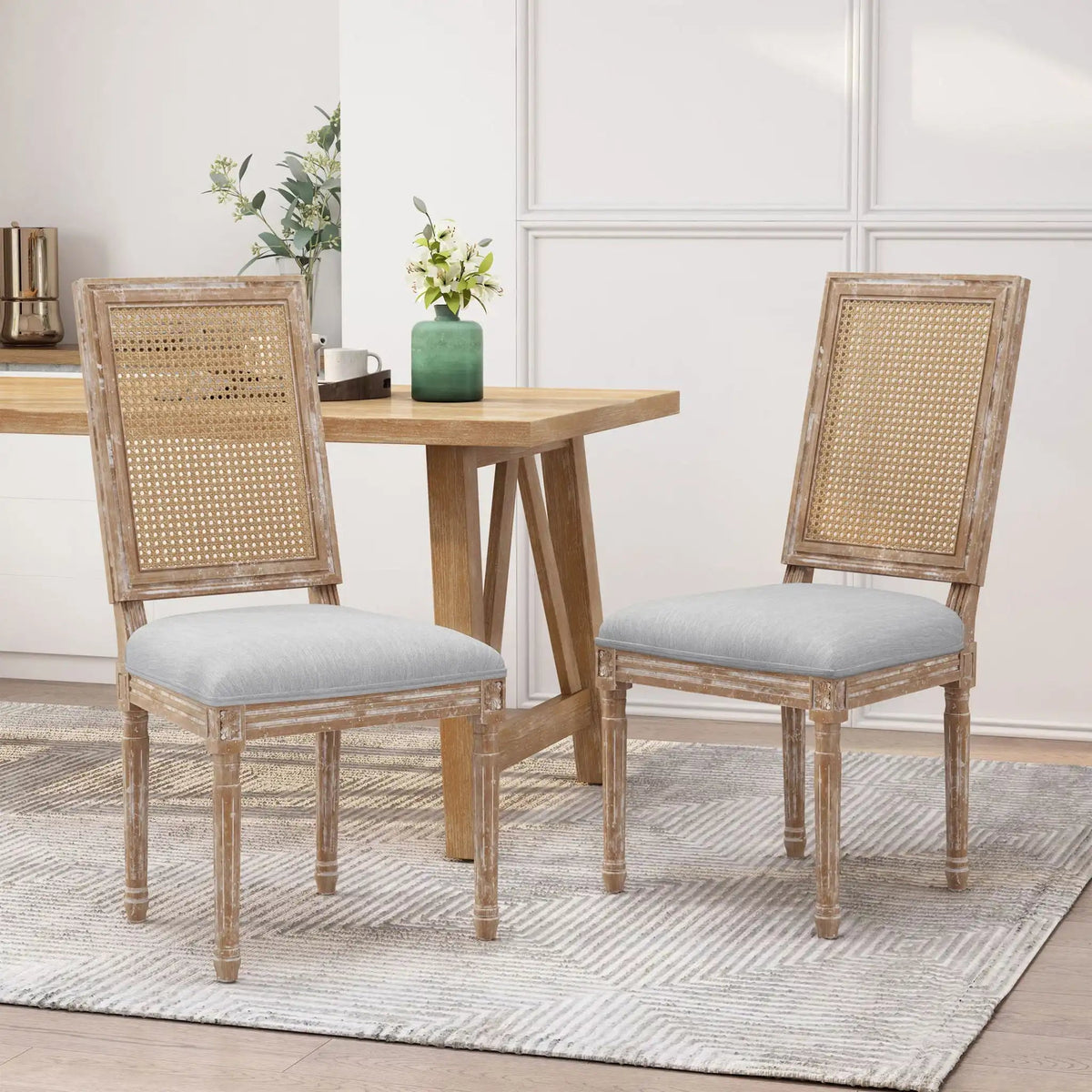 French Country Dining Chair with Rectangular Cane Backrest and Upholstered Seat, photo 38 of 40