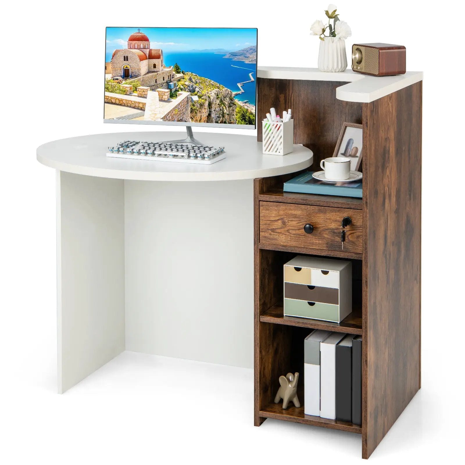Front Reception Office Desk with Open Shelf and Drawer by DirectDeals
