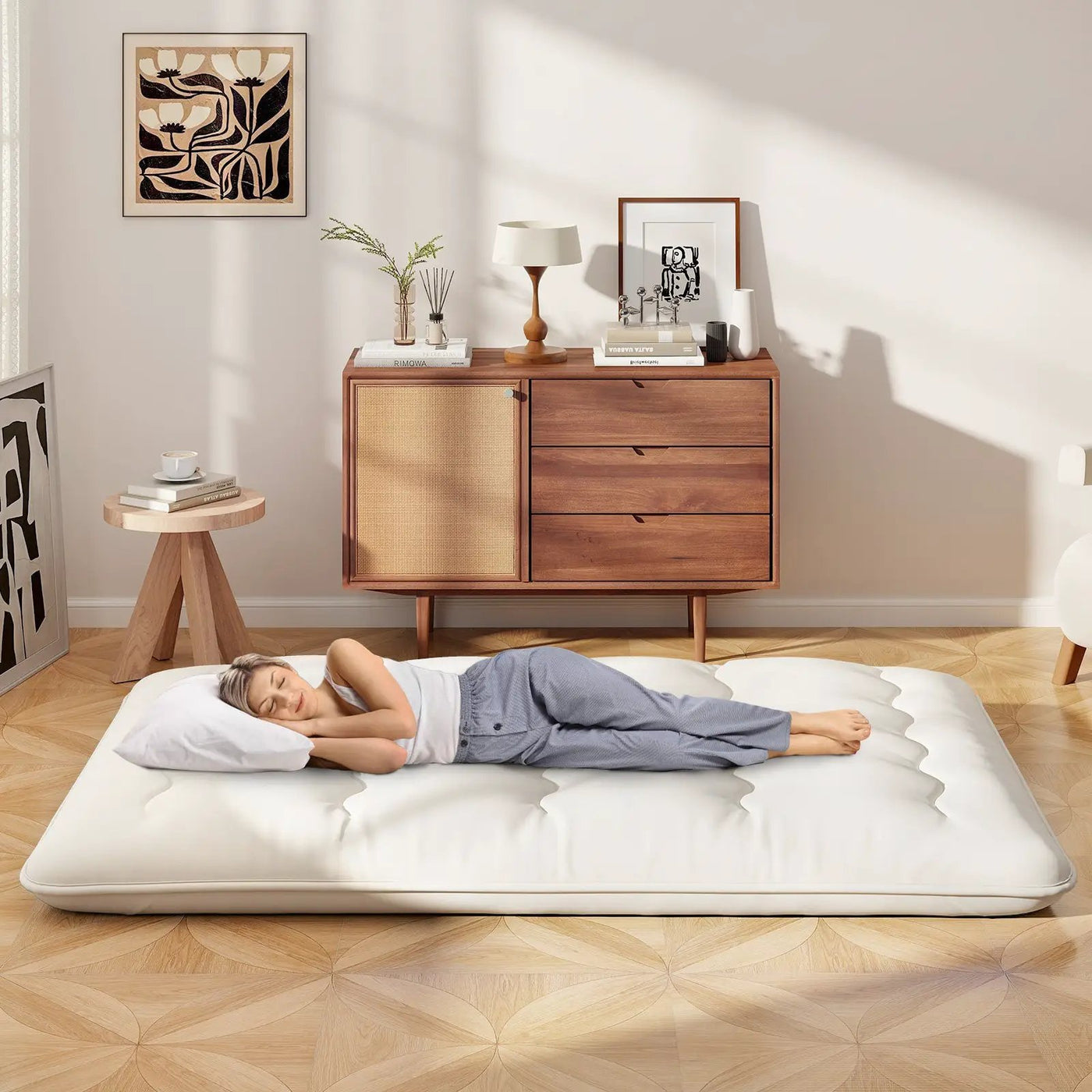Queen/King/Twin/Full Futon Mattress Floor Sleeping Pad with Washable Cover Beige by DirectDeals