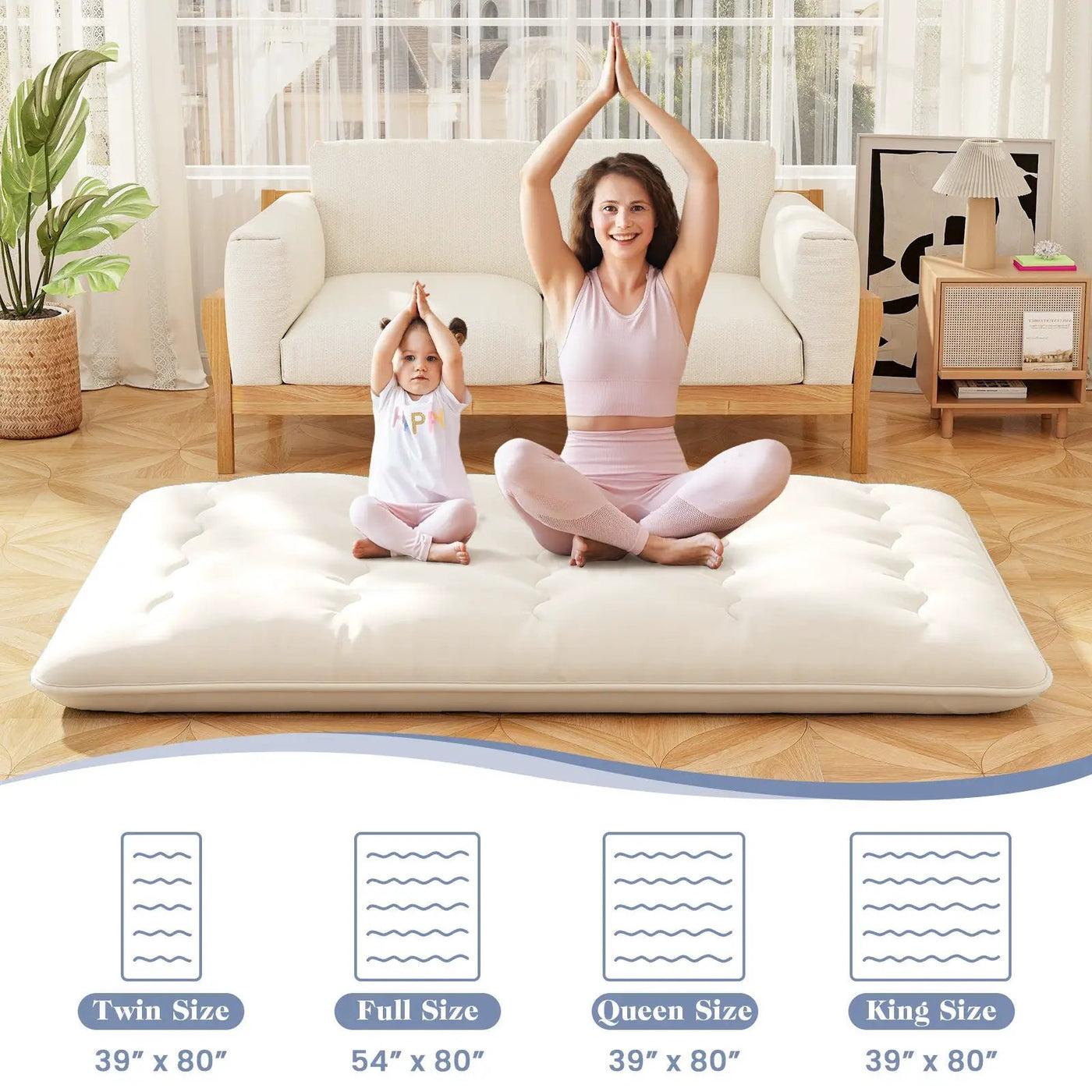 Queen/King/Twin/Full Futon Mattress Floor Sleeping Pad with Washable Cover Beige by DirectDeals