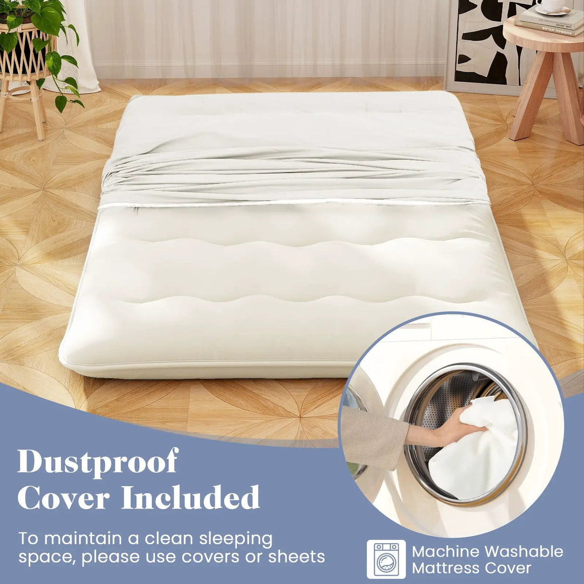 Queen/King/Twin/Full Futon Mattress Floor Sleeping Pad with Washable Cover Beige by DirectDeals