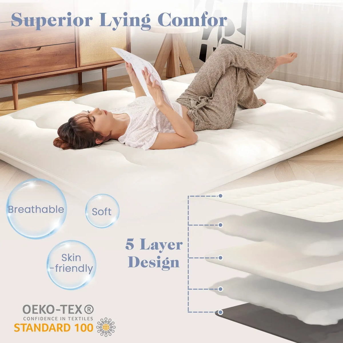 Queen/King/Twin/Full Futon Mattress Floor Sleeping Pad with Washable Cover Beige by DirectDeals