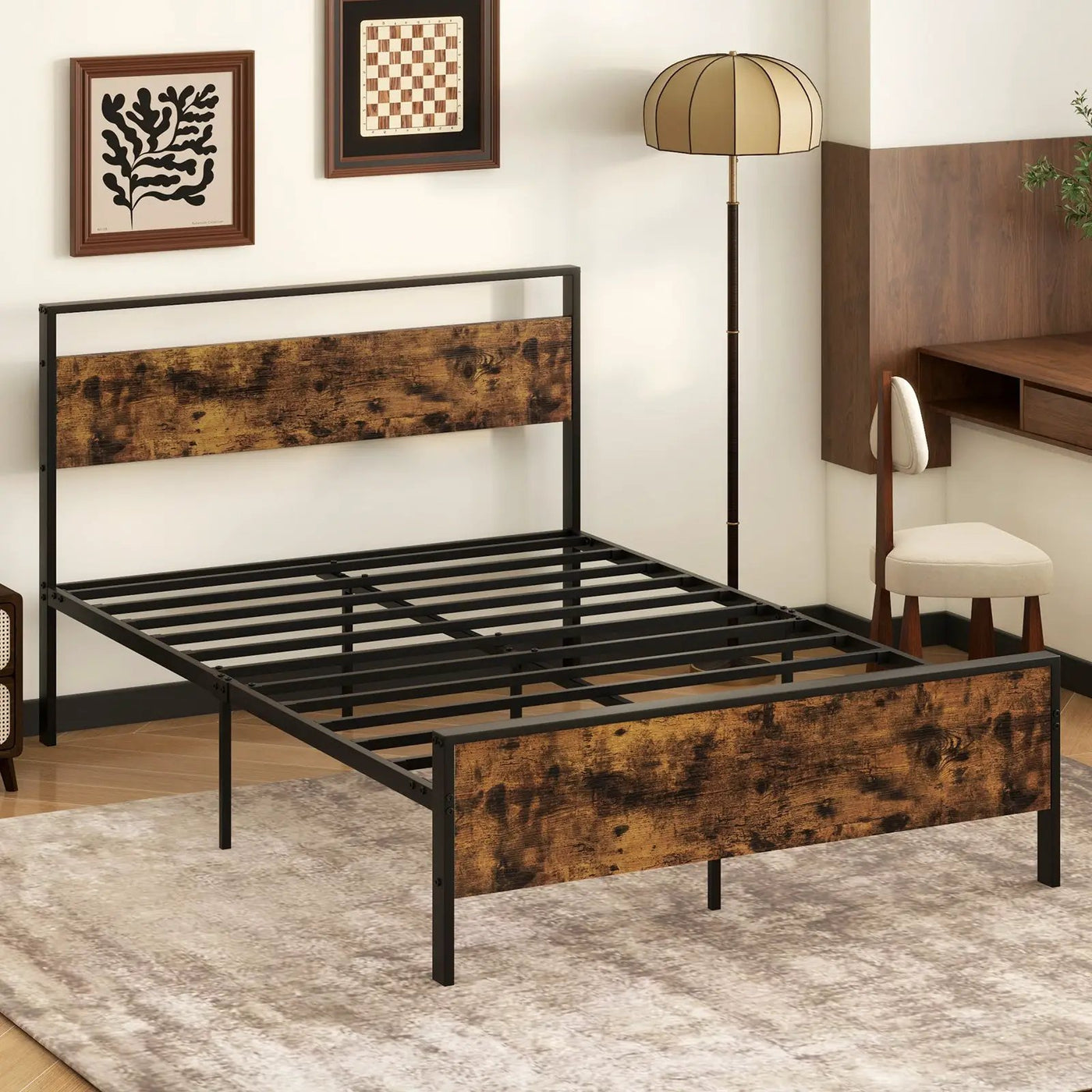King Metal Bed Frame Industrial Platform Bed with Wooden Headboard by DirectDeals
