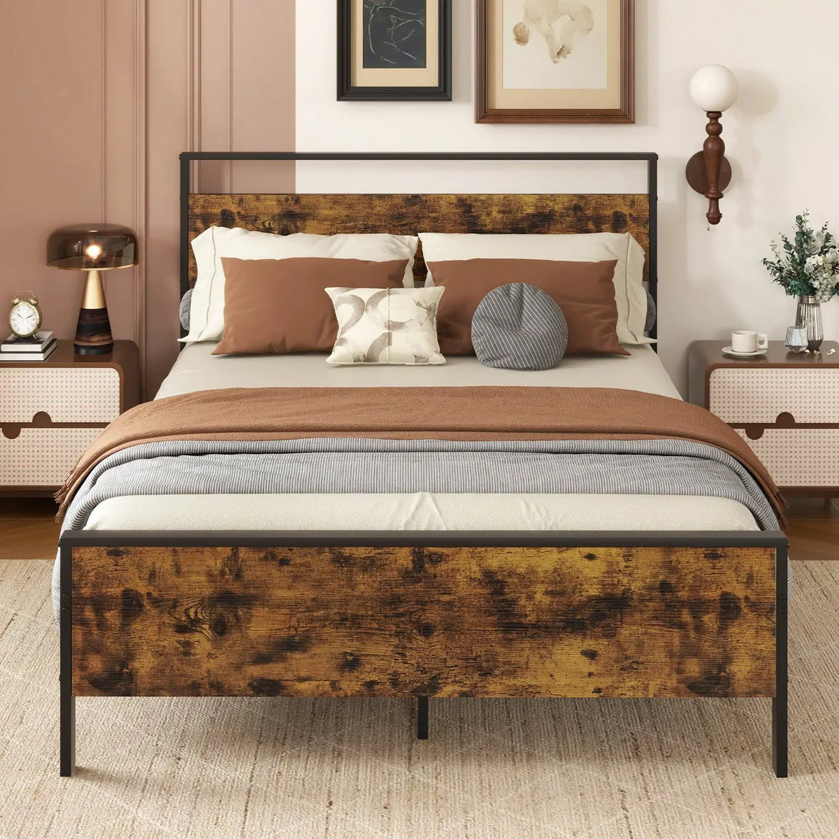 King Metal Bed Frame Industrial Platform Bed with Wooden Headboard by DirectDeals