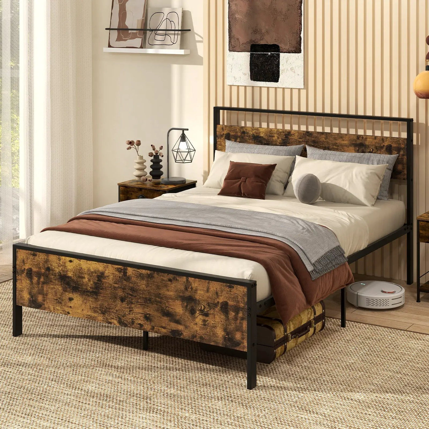 King Metal Bed Frame Industrial Platform Bed with Wooden Headboard by DirectDeals