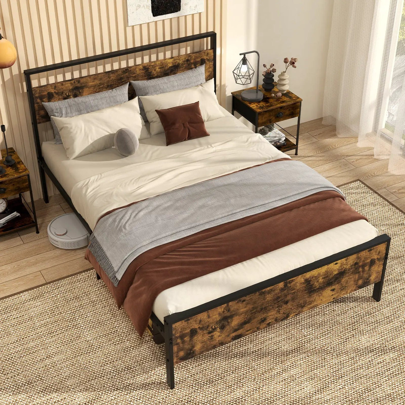 King Metal Bed Frame Industrial Platform Bed with Wooden Headboard by DirectDeals