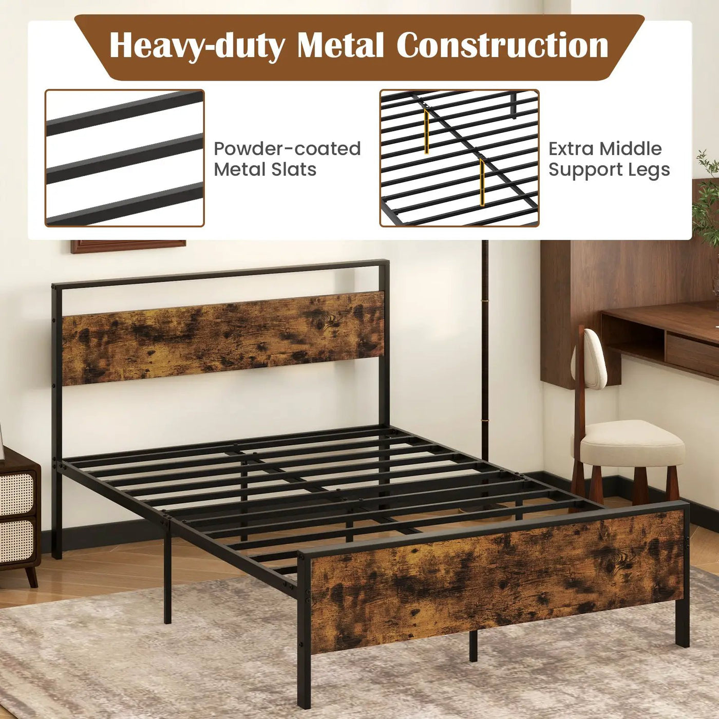 King Metal Bed Frame Industrial Platform Bed with Wooden Headboard by DirectDeals