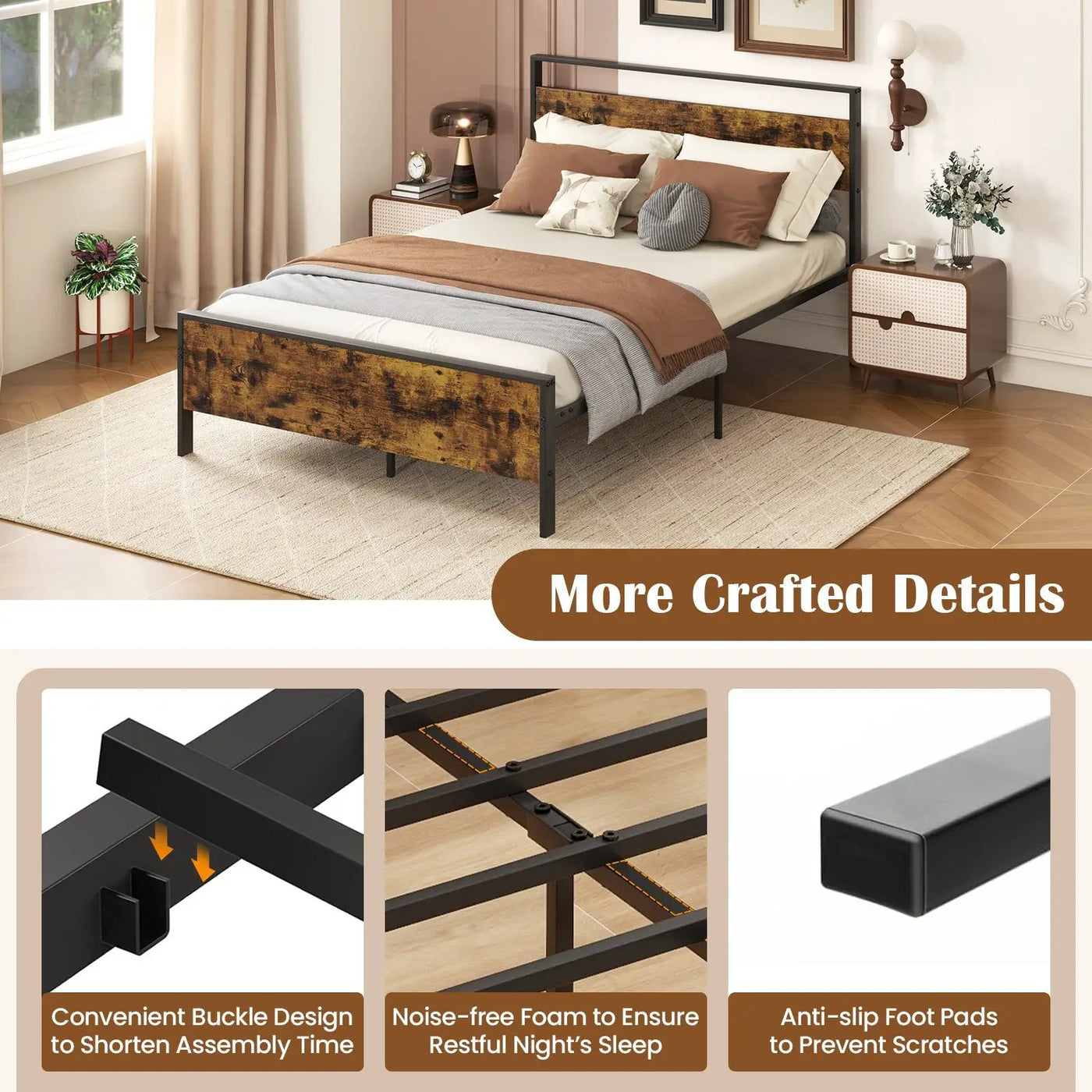 King Metal Bed Frame Industrial Platform Bed with Wooden Headboard by DirectDeals