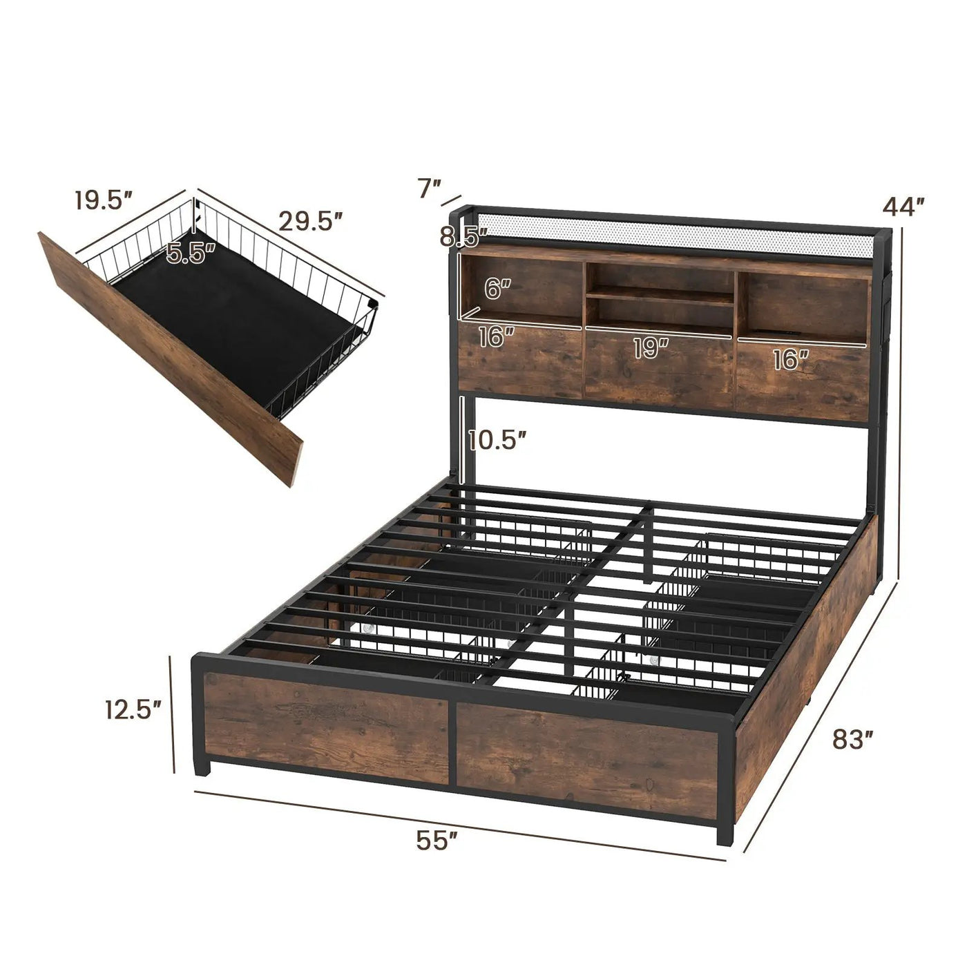 Full/Queen Size Bed Frame with Bookcase Headboard and 4 Storage Drawers by DirectDeals