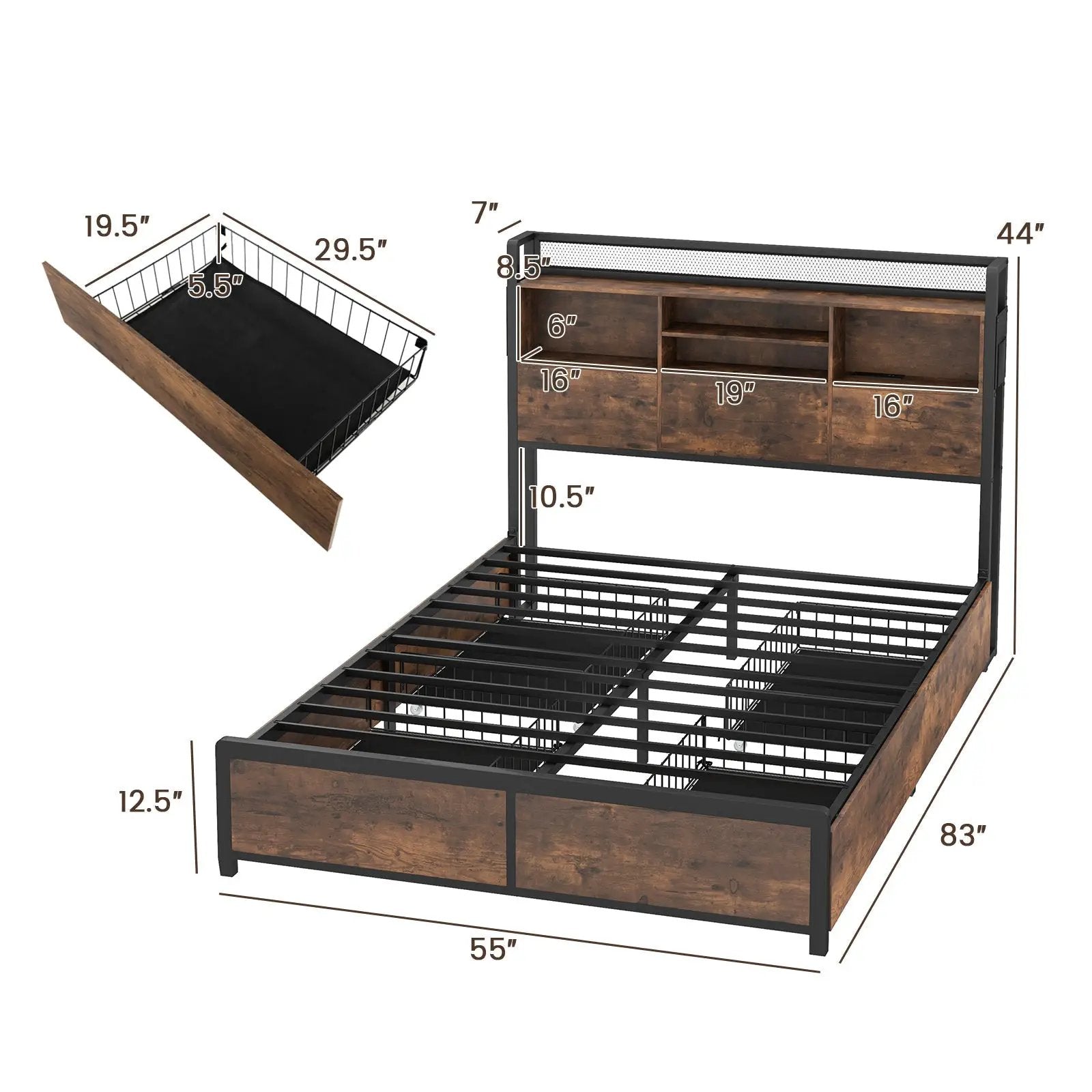 Full/Queen Size Bed Frame with Bookcase Headboard and 4 Storage Drawers by DirectDeals