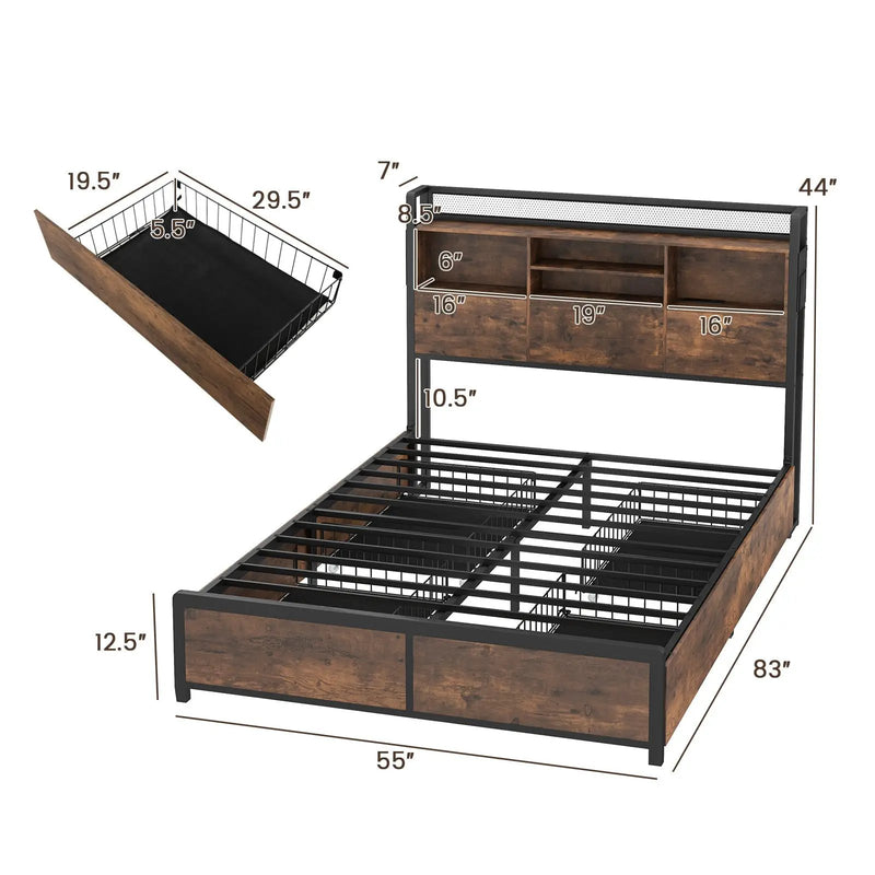 Full/Queen Size Bed Frame with Bookcase Headboard and 4 Storage Drawers by DirectDeals