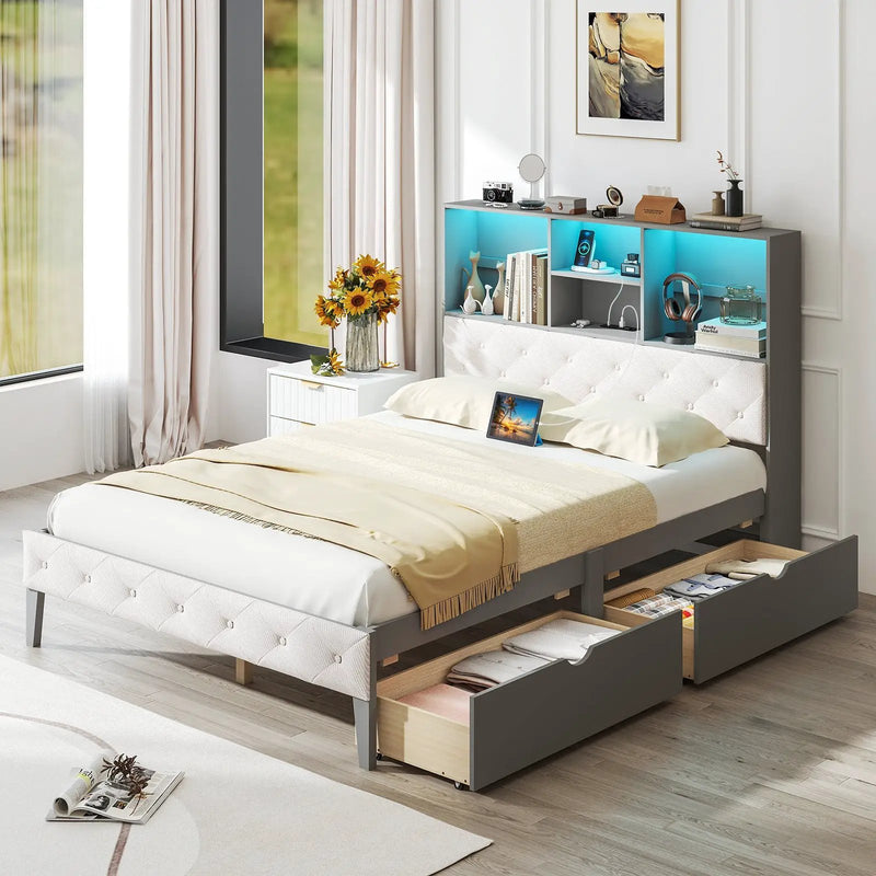 Full Size Bed Frame with Bookcase Headboard and LED Lights-Gray by DirectDeals