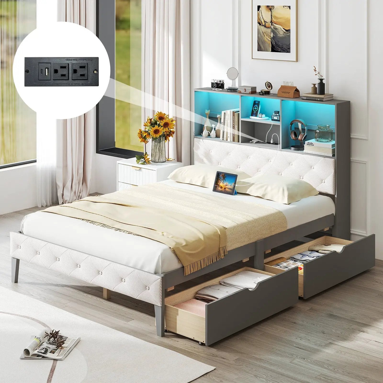Full Size Bed Frame with Bookcase Headboard and LED Lights-Gray by DirectDeals