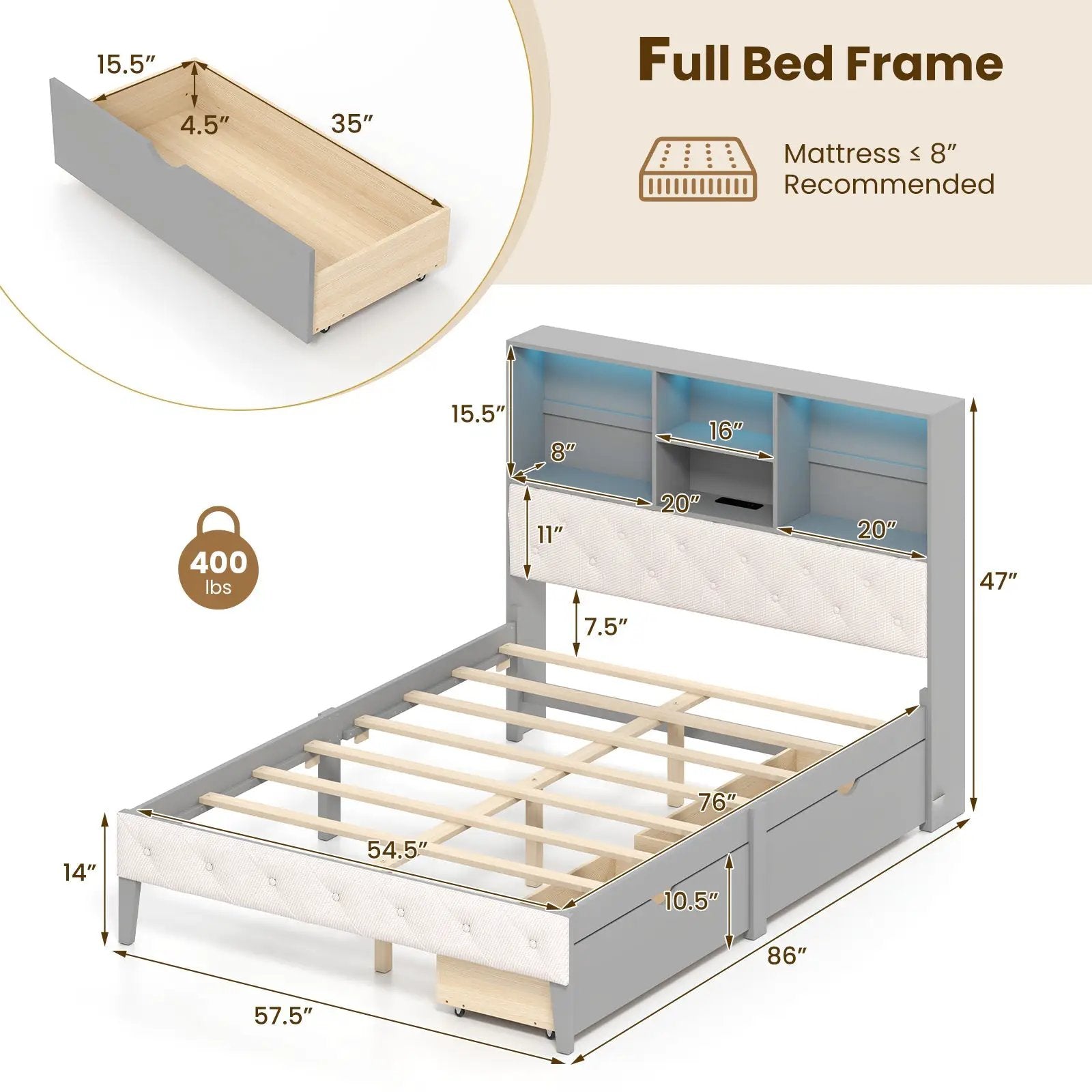Full Size Bed Frame with Bookcase Headboard and LED Lights-Gray by DirectDeals