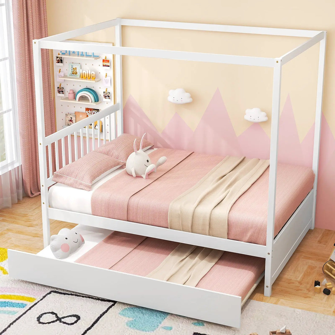 Full Size Canopy Bed with Trundle Wooden Platform Bed Frame Headboard by DirectDeals